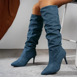 Women Pleats Blue Denim Thigh High Boots Autumn New Pointed Toe Cowboy Shoes Woman Slip on Western Long Boots Thigh High Boots