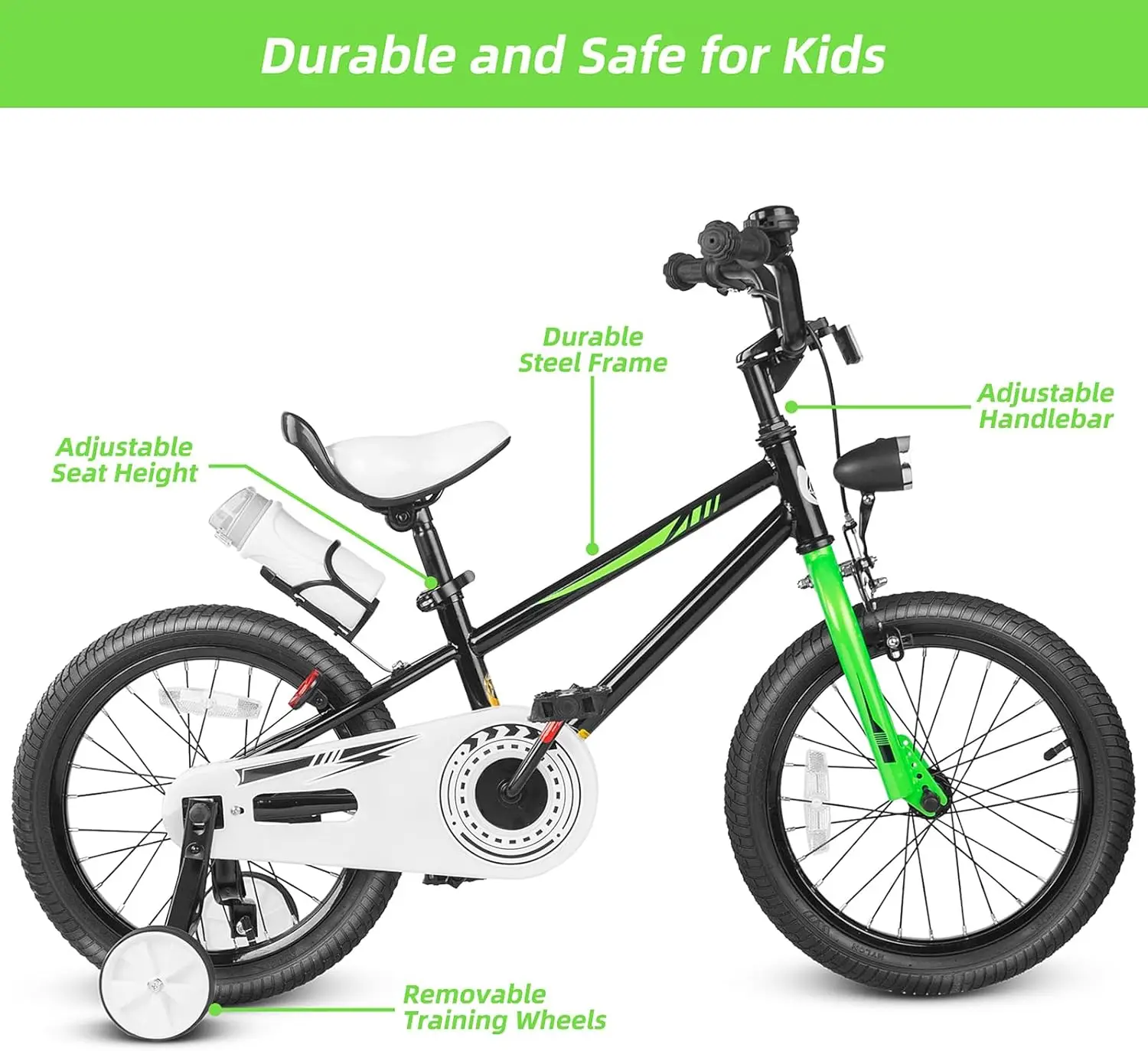 Vélo pour enfants âgés de 3 à 8 ans, vélo pour enfants de 16 pouces avec roues d'entraînement, béquille et phare, siège réglable