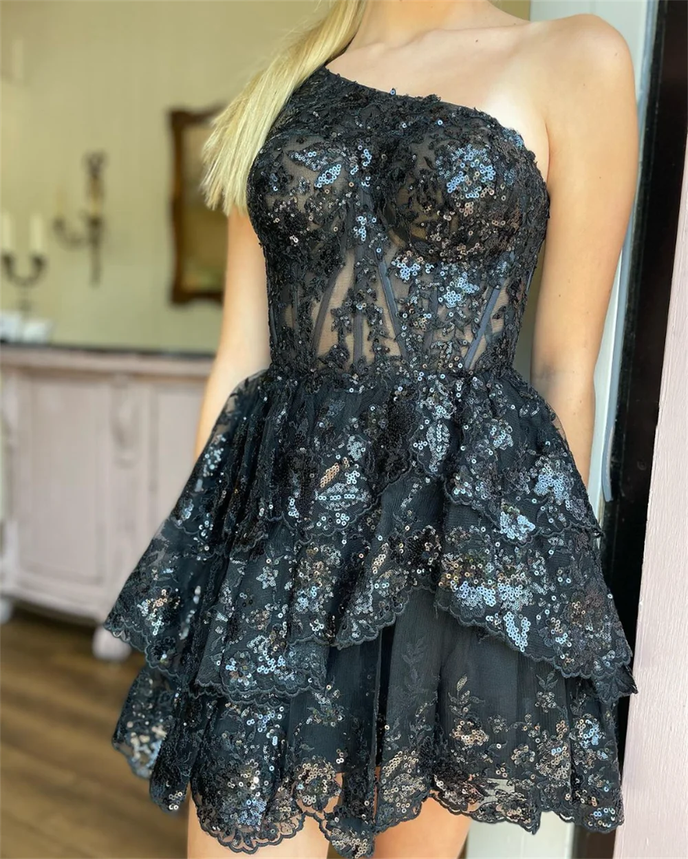 Jessica Sexy Short One Shoulder Graduate Prom Dresses Black Glitter Sequins Evening Dresses Princess Cocktail Party Dresses 2024