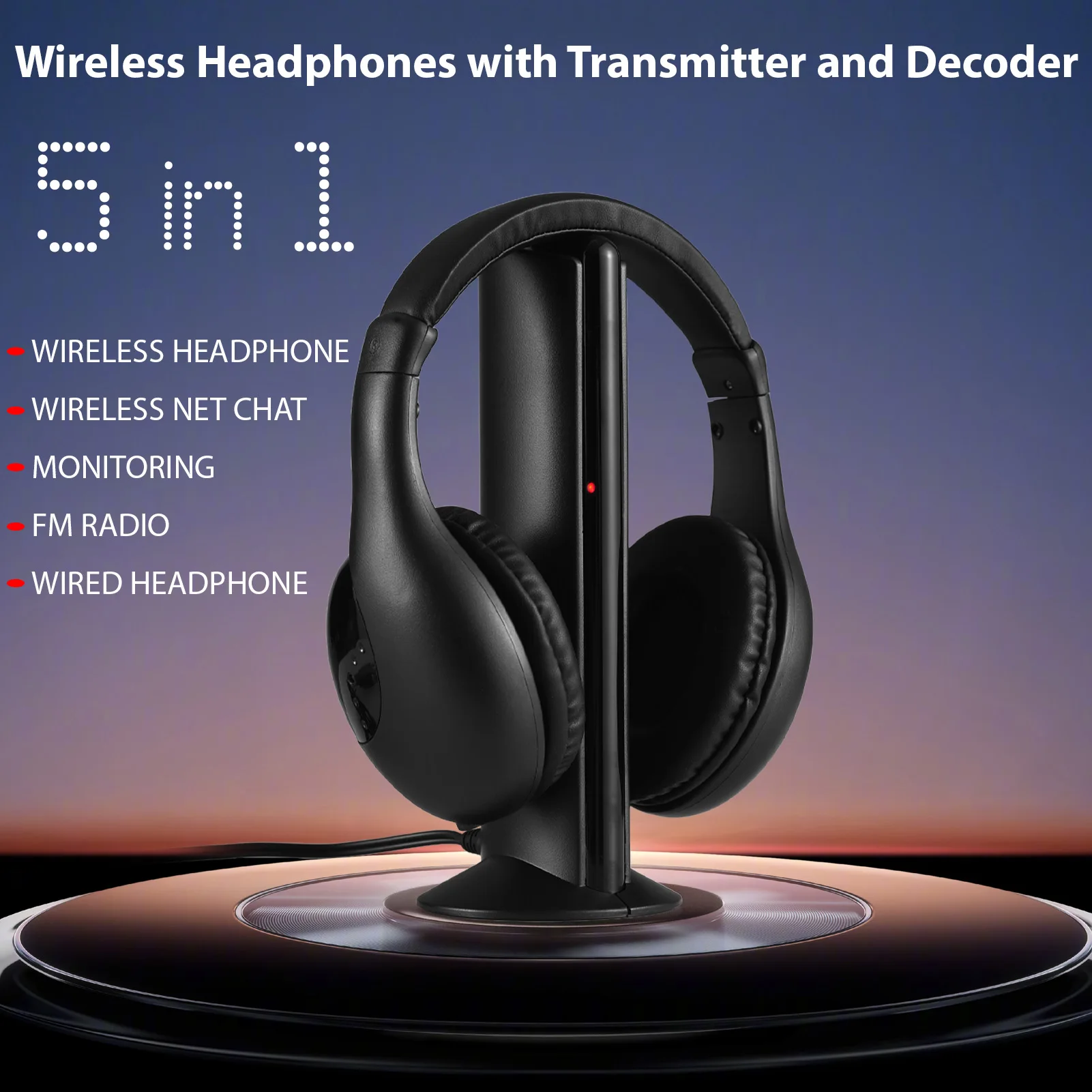 Wireless Headphones for TV Watching with Transmitter and Decoder 5 in 1 TV Over Ear Headset 98ft Wireless Range FM Radios