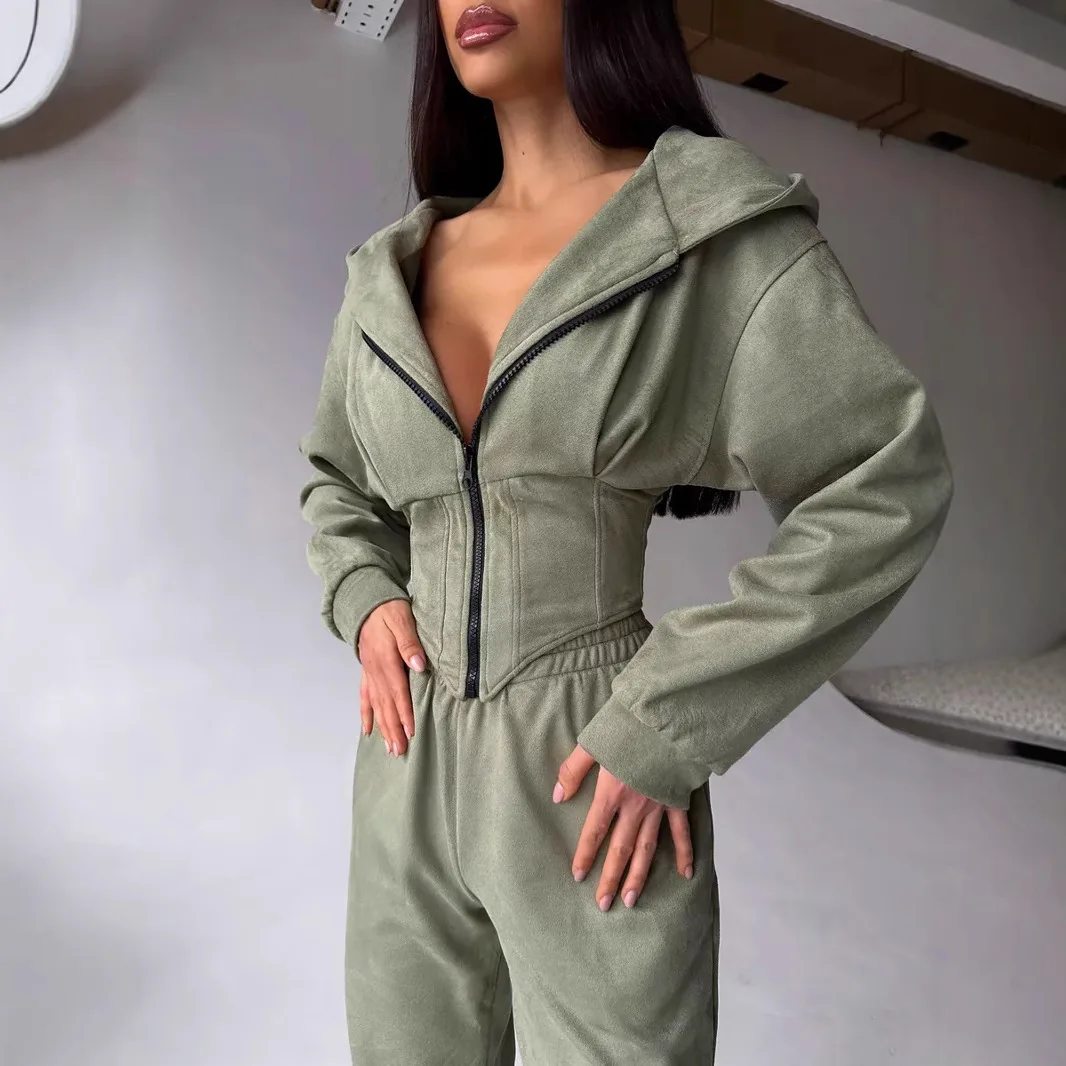 

European and American Style Autumn and Winter Women's Clothing Solid Color Waistband Hooded Sweatshirt and Pants Set, Sports And