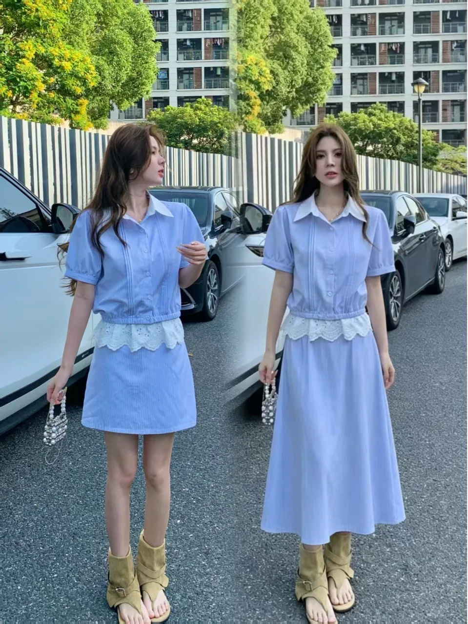 

plus Size Blue Striped Shirt Dress Set Sweet Countryside Style Short Sleeve mid Length a Line Skirt Two Piece Suit for plus S...