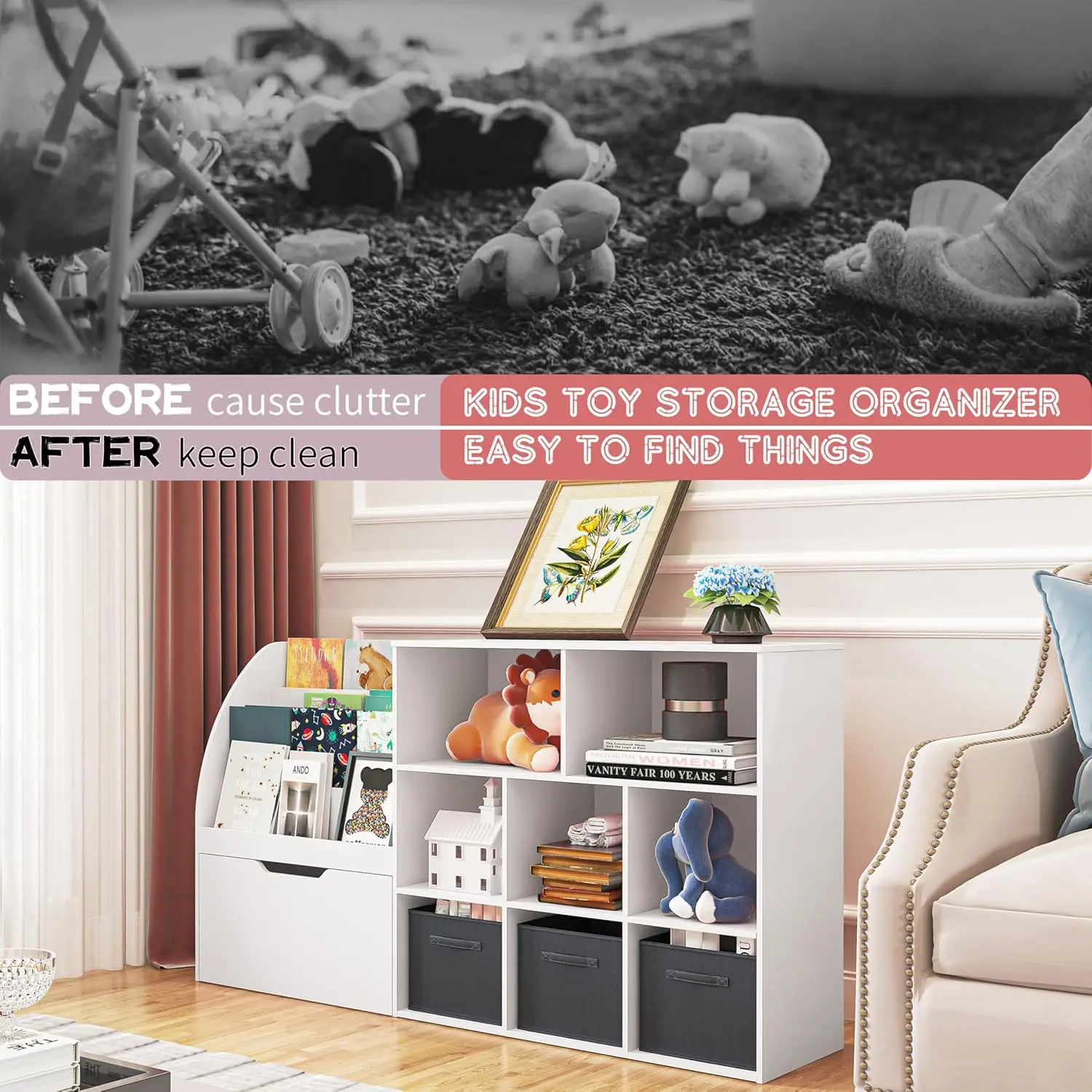 رف كتب للأطفال مع أدراج متحركة و3 صناديق، أبيض