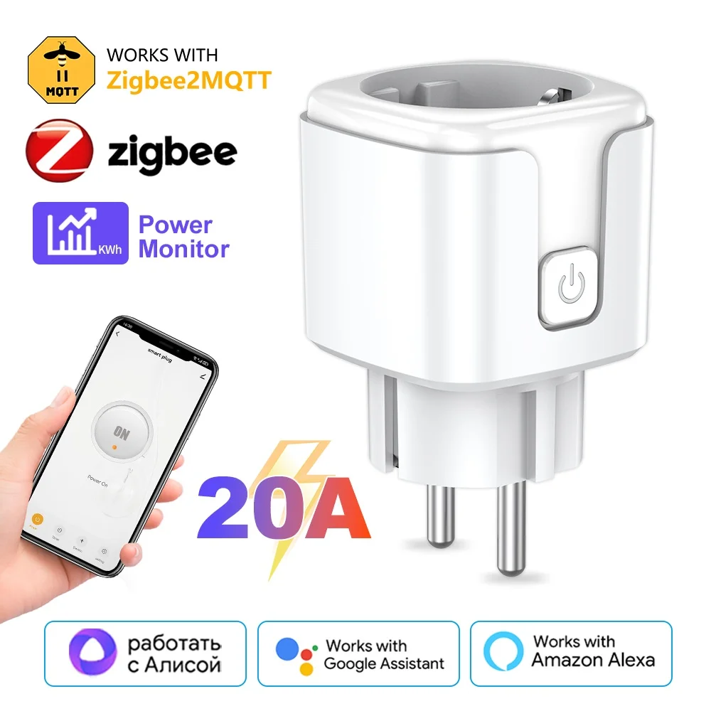 

Zigbee3.0 Smart Plug 20A Розетка европейского стандарта с монитором мощности Поддержка приложения Голосовое управление Google Home Alexa Alice Work Zigbee 2MQT