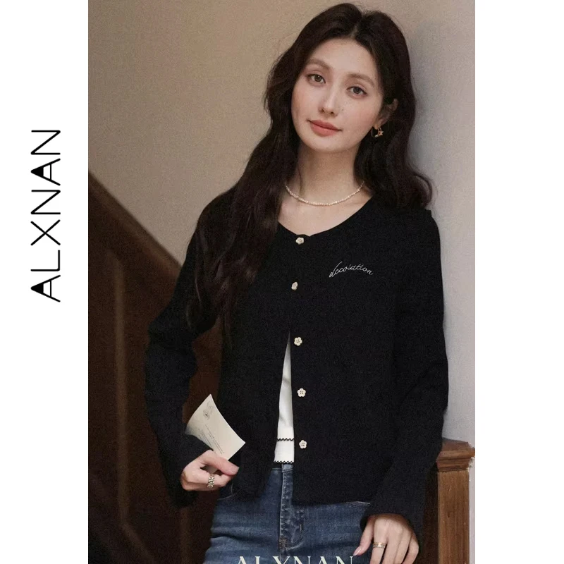 

ALXNAN черный вязаный кардиган женский с круглым вырезом шикарные цветочные пуговицы с вышивкой букв трикотаж облегающие топы с длинными рукавами L56865-1