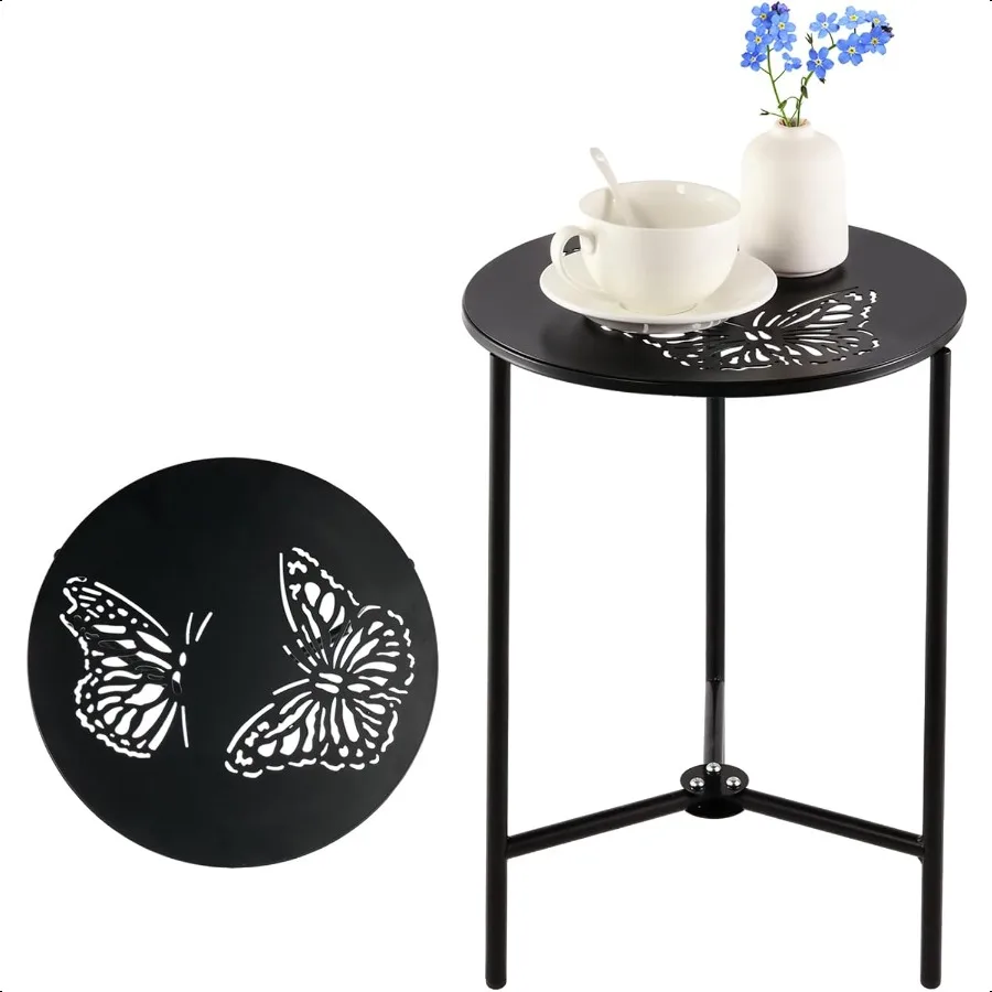 

Metal Round Side Table Black Accent Coffee Tables Small Space Corner Plant Stand for Indoor Outdoor Use Patio Balcony End Table
