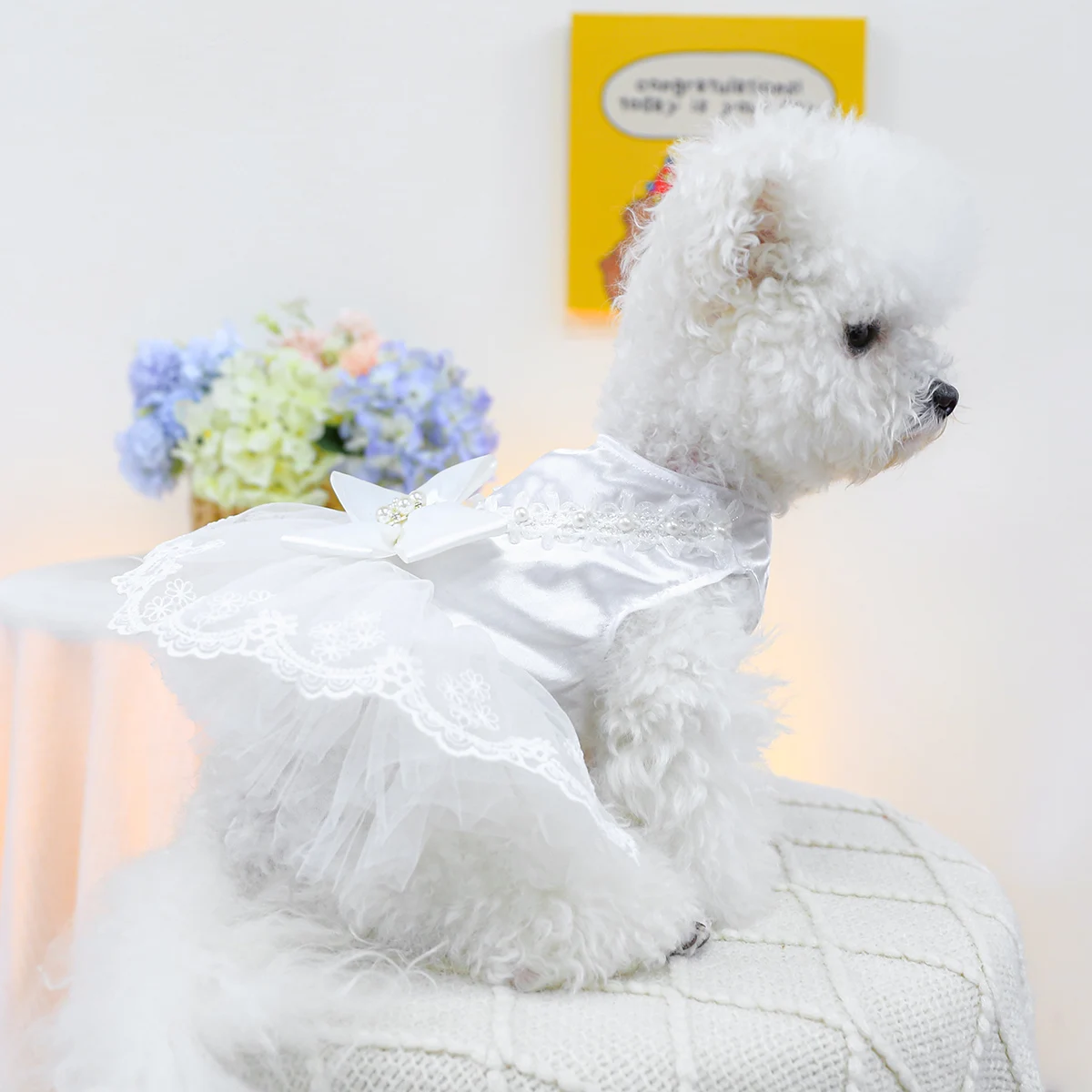 1PC Pet Clothing Spring and Autumn Thin White Pearl Dress Wedding Princess Dress Suitable for Small and Medium sized Dogs