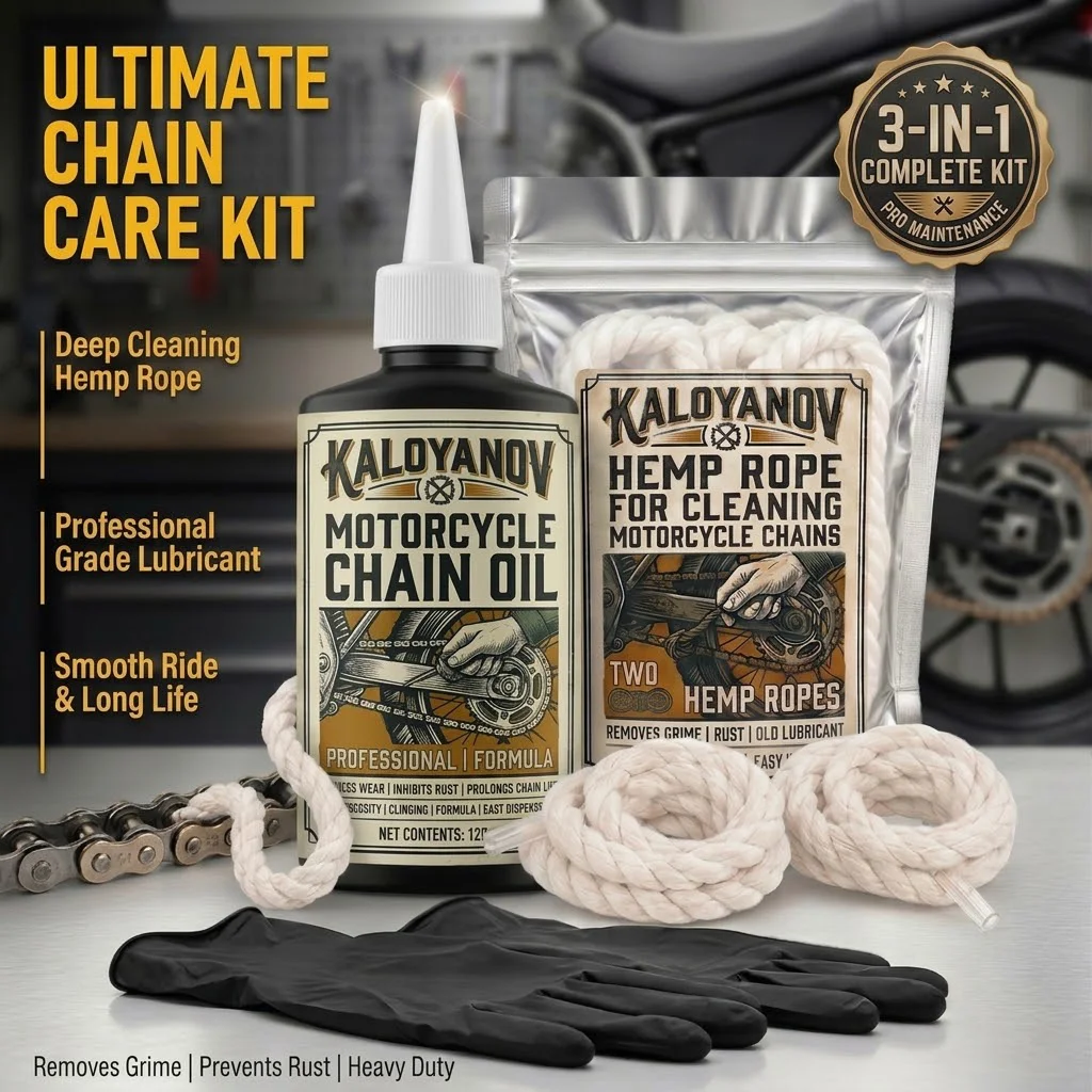 Motorcycle Chain Cleaning Twine Kit with Chain Lube Lubricant Oil & Nitrile Gloves Drive Chain Maintenance Care Set Accessories