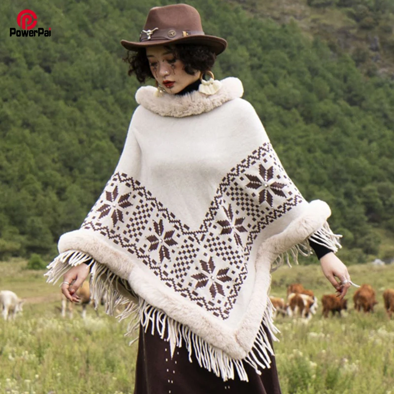 Jacquard Beaded Faux Fur Knit Pullover Poncho Coat Long Women Autumn Winter Fashion Cape Leisure Travel Cloak  Wraps Tassels