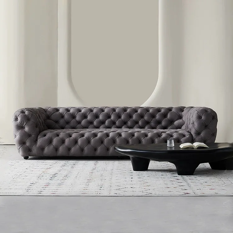 Italian minimalist living room fabric pull button sofa villa large flat living room matte technology cloth sofa