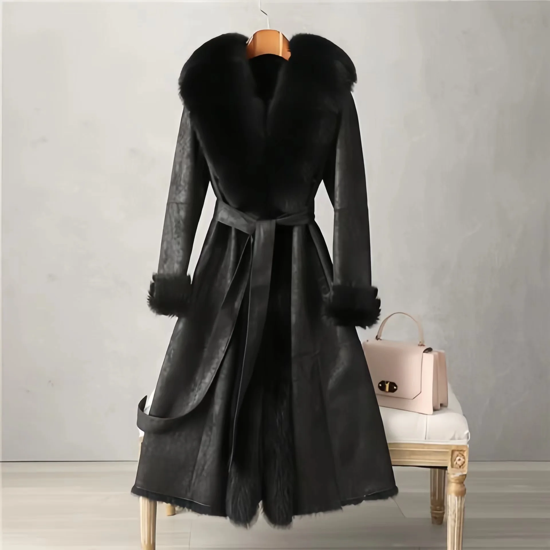 Genuine Leather Rabbit Fur Coat for Women, Fox Fur Collar Overcoat, Female Clothes, England Style, High Quality, New,Winter