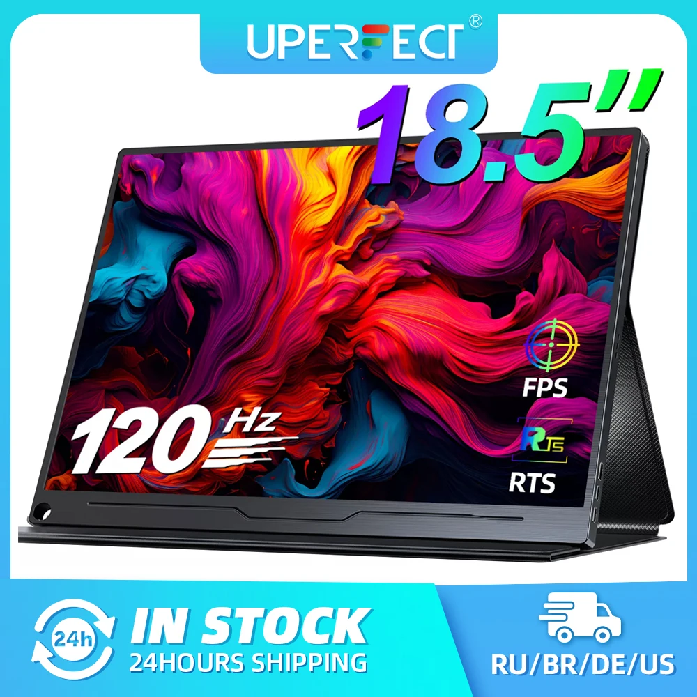 شاشة UPERFECT المحمولة الكبيرة مقاس 18.5 بوصة بدقة 1080 بكسل وتردد 120 هرتز و100%sRGB IPS ومكبرات صوت USB-C HDMI للعمل والمنزل وشاشة ثانية لأجهزة الكمبيوتر المحمول وأجهزة Mac وSurface ووحدة تحكم الألعاب