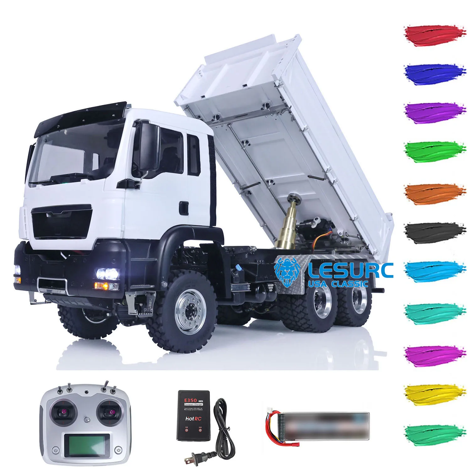 1/14 RC 3-Way Hydraulic Dump Truck LESU Metal TGS Radio Control 6X6 Dumper Car Model W/ 3 speed Gearbox Motor Light Sound System