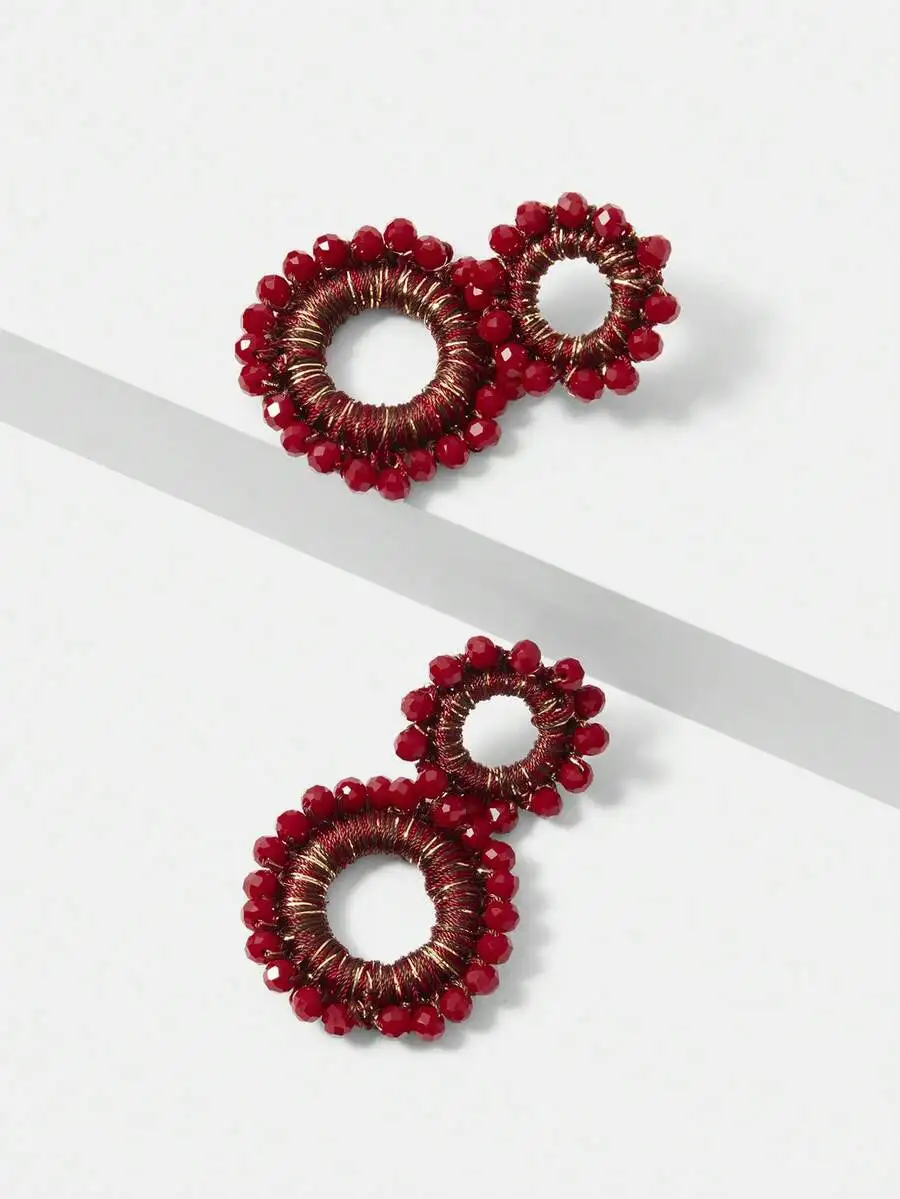 

Handmade Red Beaded Double Ring Drop Earrings For Women