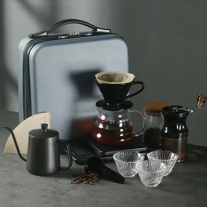 

New Custom All in One Household Barista Drip Coffee Maker Set With Pour Over Coffee Kettle Grinder Coffee Bag Kit