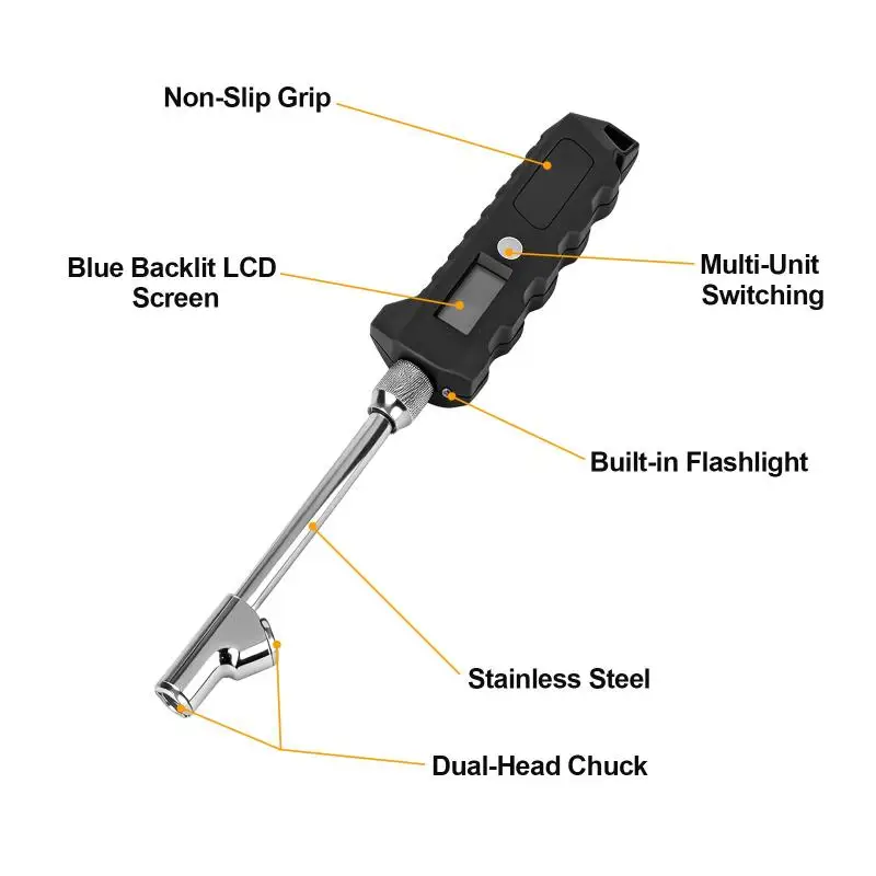Digital Display Truck Tire Pressure Gauge LCD Display Stainless Steel Digital Tire Pressure Gauge Blue Screen Display