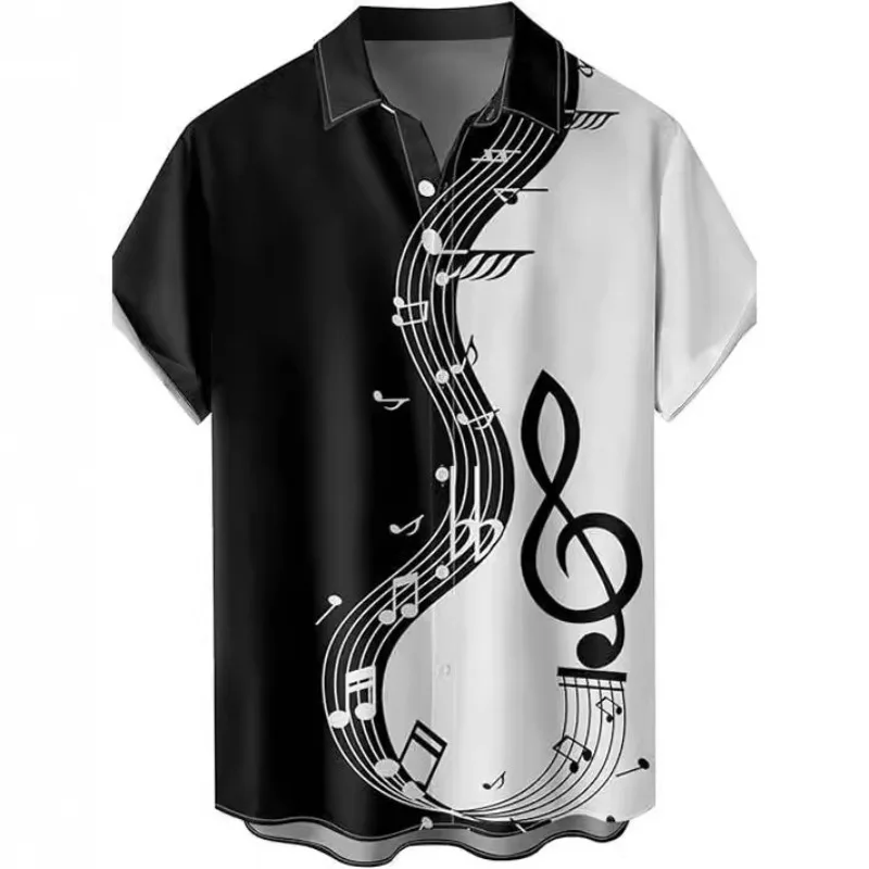 

Men's Fashion Hawaiian Lapel Short-sleeved Shirt Music Music Note Pattern