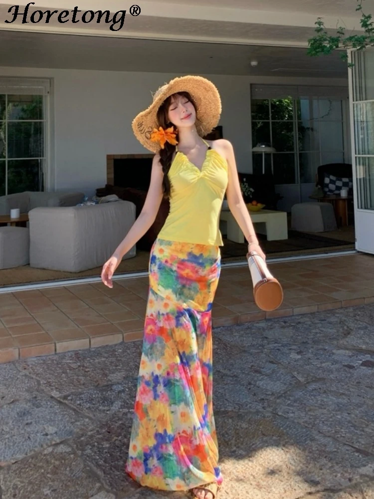 

Women's 2 Piece Set Halter Ruched Top Oil Painting Floral Tie Dye Mesh Mermaid Maxi Skirt Romantic Boho Summer Beach Vacation