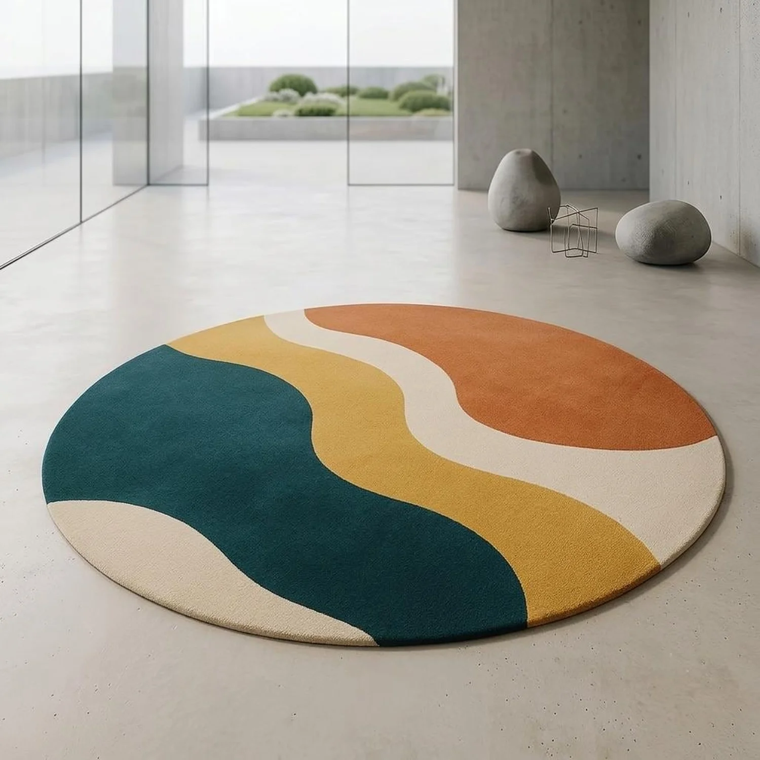 Round Handmade Tufted Wool Carpet with Abstract Wave Pattern, in Teal, Amber, and Terracotta Colors, Streamlined Circular Rug, Customizable in Size