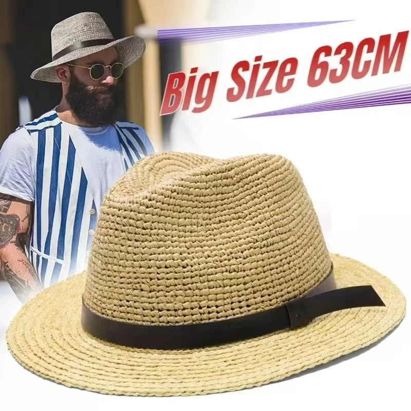 

Plus Size 63CM Lafite Grass New Panama Straw Hat Men's and Women's Sunscreen Sun Hat Four Seasons Beach Sunshade Hat