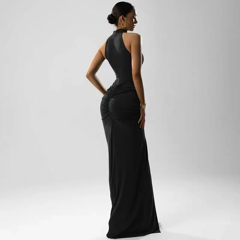 Ärmelloses Maxikleid für Damen mit Neckholder, figurbetontes, gerüschtes, geteiltes Kleid, sexy, elegante, figurbetonte Kurven, Abendparty-Outfits