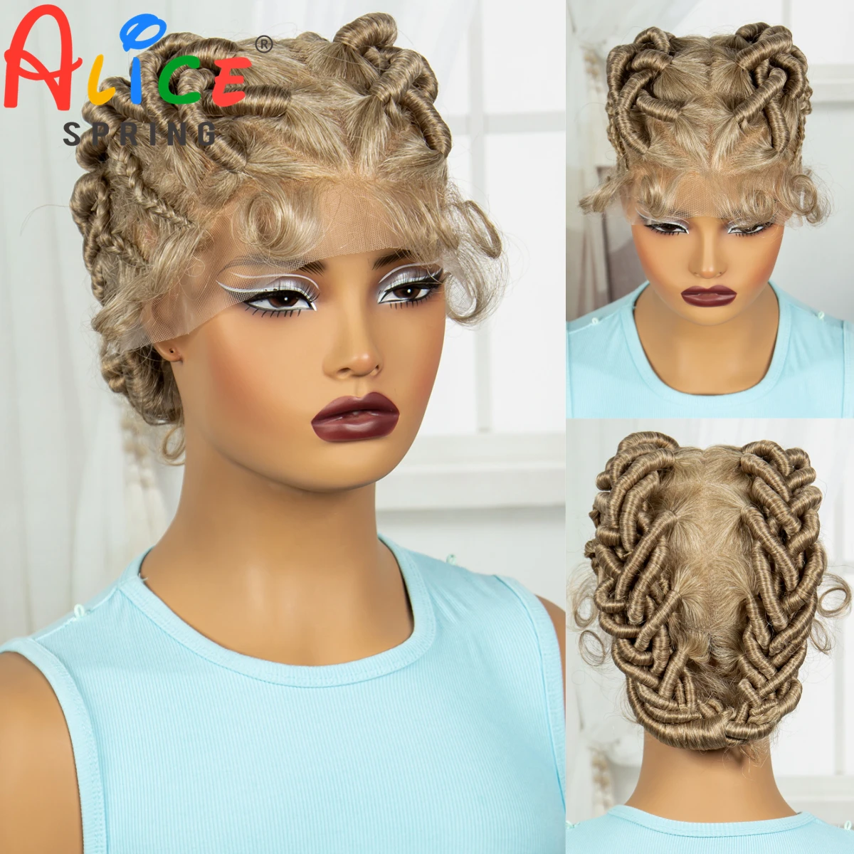 613# Blonde Handmade Short Bantu Braided Wigs Synthetic Full Lace Braids Wig Knotless Dreadlock Braided Lace Wig for Black Women