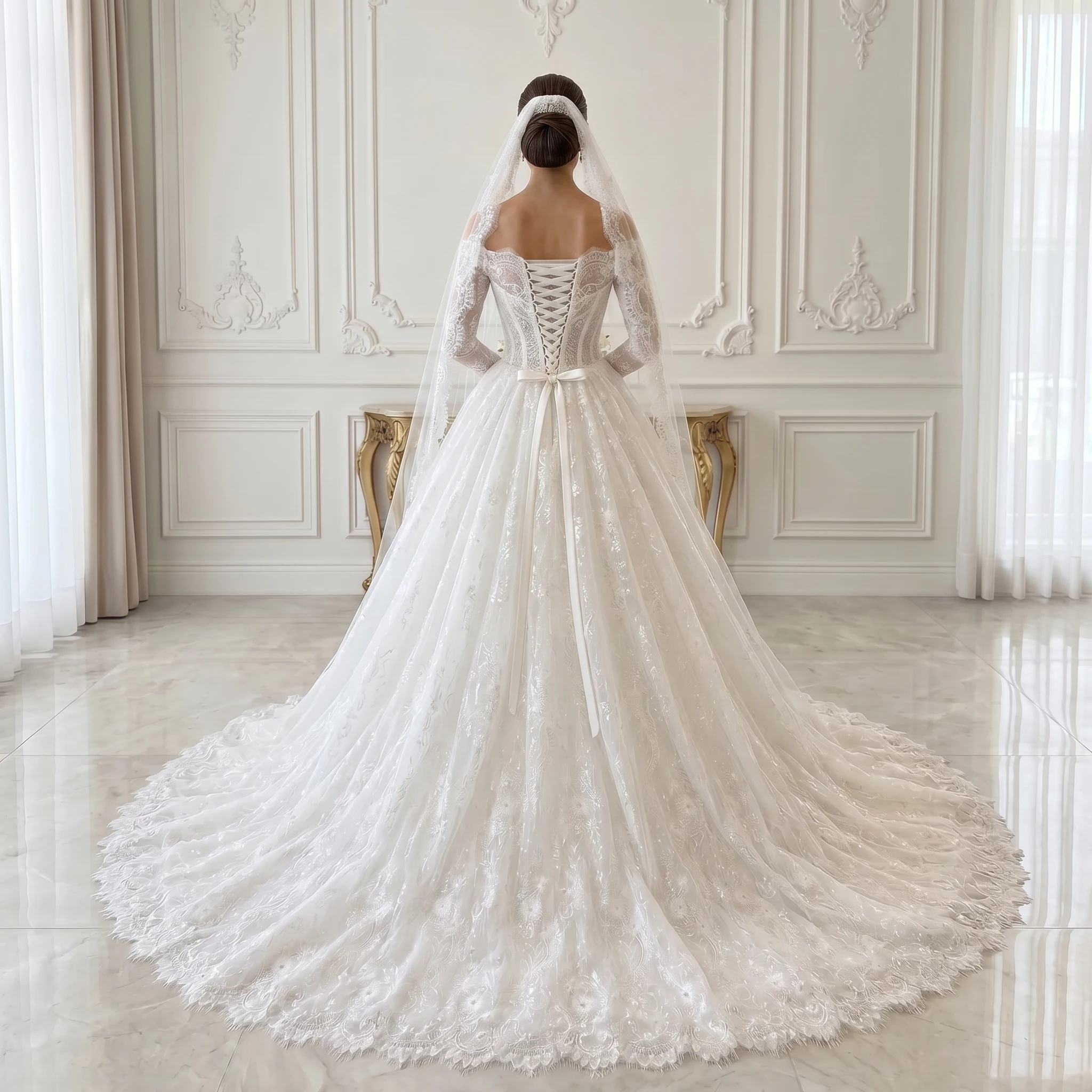 Off Shoulder Long Sleeve A Line Wedding Dress Sparkling Lace Corset Back Scalloped Cathedral Train Bridal Gown