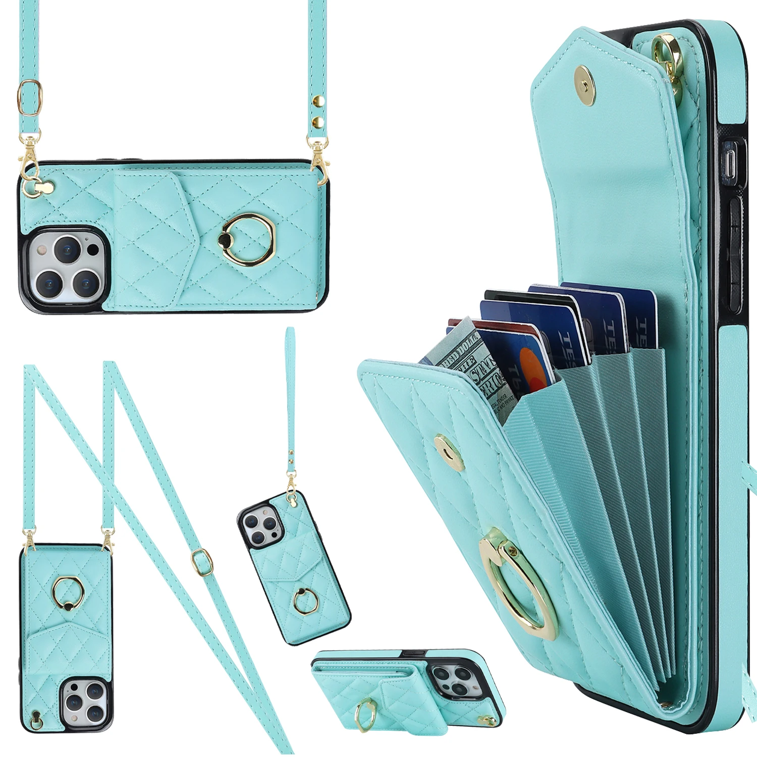 Crossbody Lanyard Ringhouder Lederen Case voor iPhone 13 14 15 16 E 17 Pro Max 17 Air 16 Plus 12 11 Multi Card Slot Wallet Cover