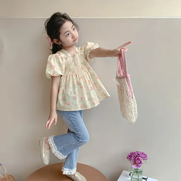 Girls White Shirt 2024 Summer New Children Western Style Top Girls Small Flying Sleeve Shirt Summer Doll Shirt Top Clothes