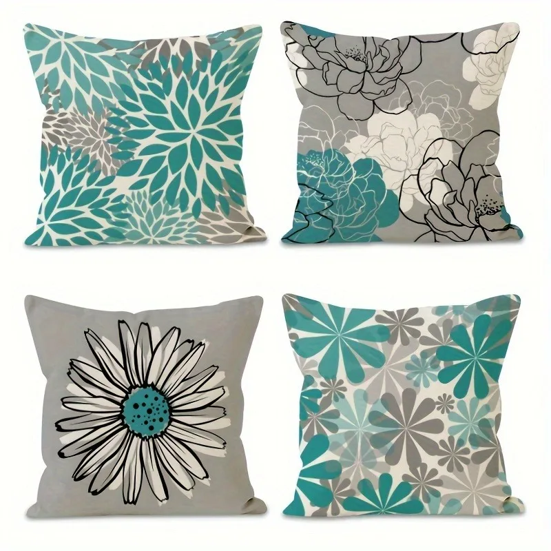 Blue gray line floral pattern printing pillowcase fashion simple home furnishing room decoration living room sofa cushion cover