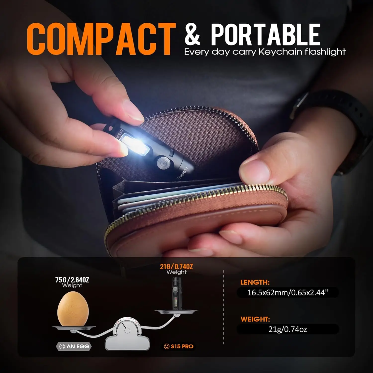 TUNENGE S15Pro Mini Porable LED Keychain Flashlight,750 High Lumen EDC Pocket Flashlight for Hiking, Camping, Repair