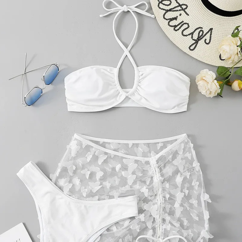 ملابس سباحة نسائية بيكيني لباس سباحة مكون من ثلاث قطع من الدانتيل شفاف لباس بحر شبكي عصري ملابس سباحة للشاطئ بطباعة دانتيل مثيرة 2022