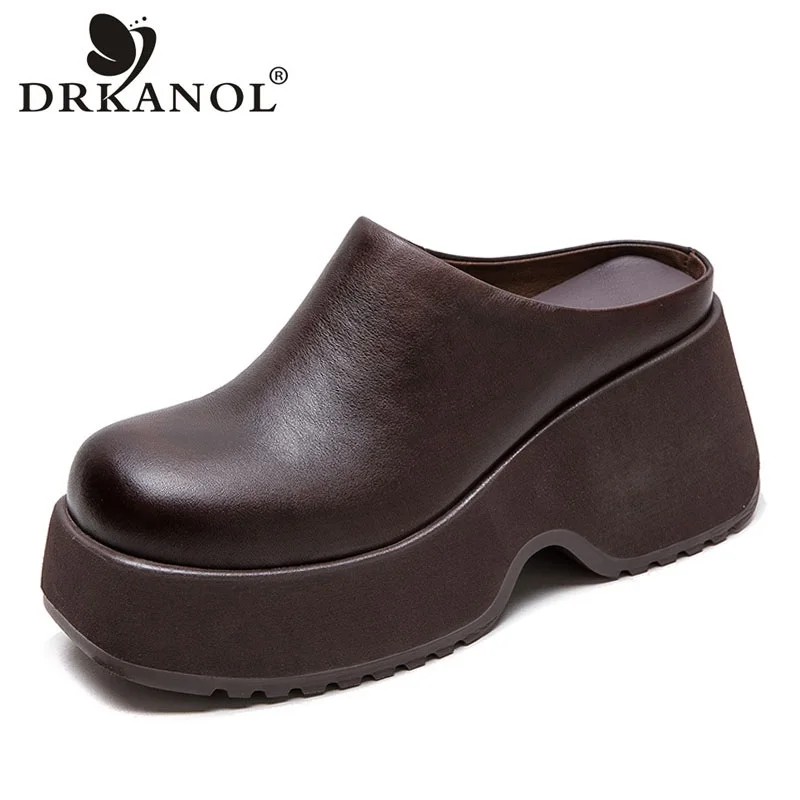 

DRKANOL Handmade Retro Summer Chunky Platform Slippers Women Genuine Cow Leather Slip On Wedges Heel Height Increasing Shoes