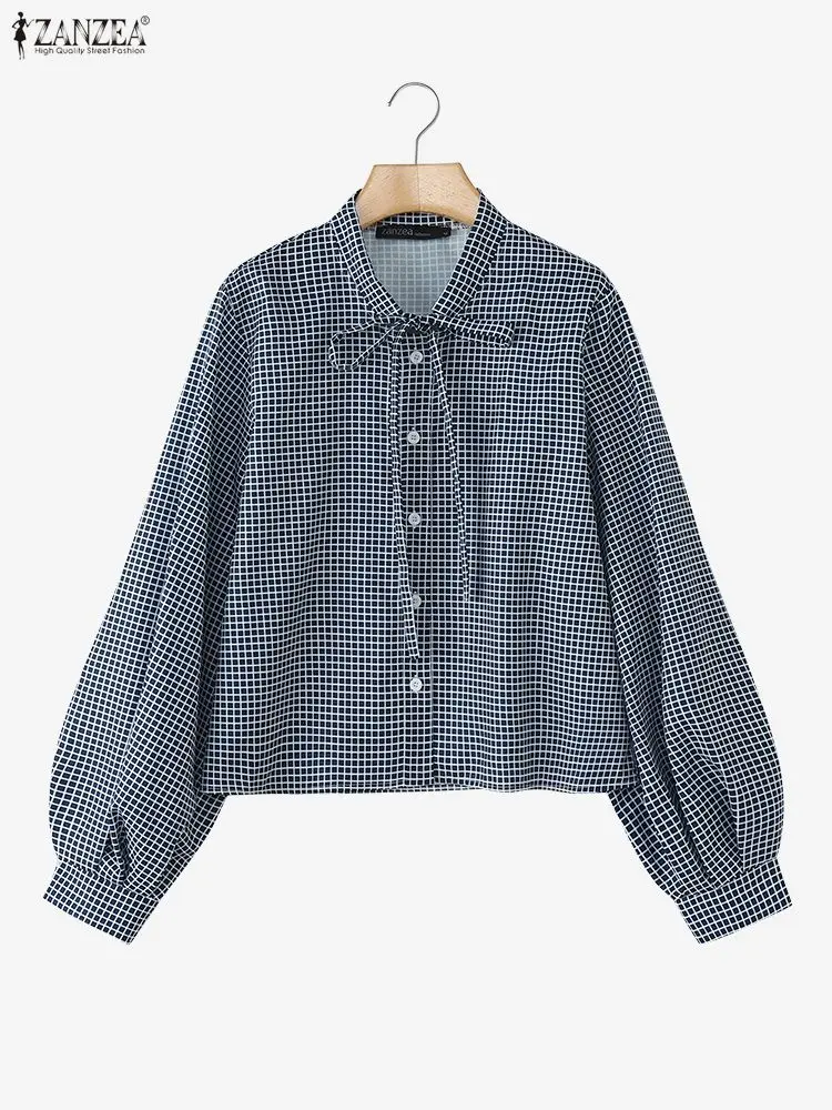 ZANZEA Herbst Kariertes Hemd Frauen Langarm Tops Frühling Büro Arbeit Bluse Casual Tasten Blusas Elegante Spitze-Up Urlaub bluse