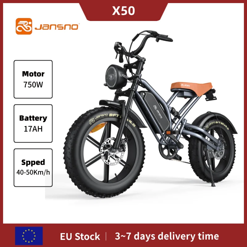 Vélo électrique JANSNO X50 750W 48V 17AH avec batterie amovible, pneus larges 20×4 pouces, vélo de montagne tout-terrain, vélo électrique à 7 vitesses