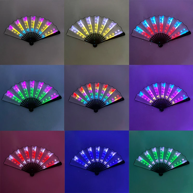 2024 Luminous Chinese Bamboo Folding Fan LED Flashing Fan Glowing Rave Party Props Neon Glowing Fluorescent Fan Home Decoration