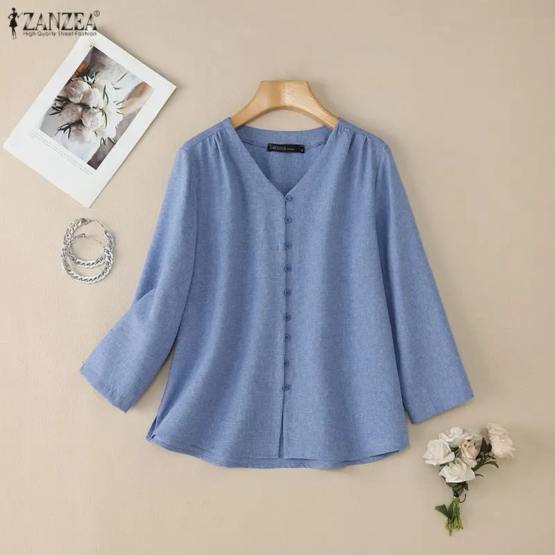 

ZANZEA Autumn Shirt 2026 Women Spring Blouses Casual V Neck 3/4 Sleeve Tops Solid Button Up Blusas Female Elegant OL Work Blouse