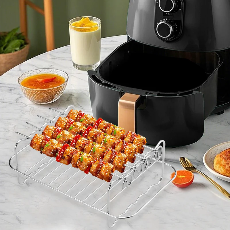 Air Fryer Rack Stainless Steel Grill Basket with 4 Skewers, Oven Baking Pan,Non Stick Mesh Tray for Cooking, Kitchen Accessories