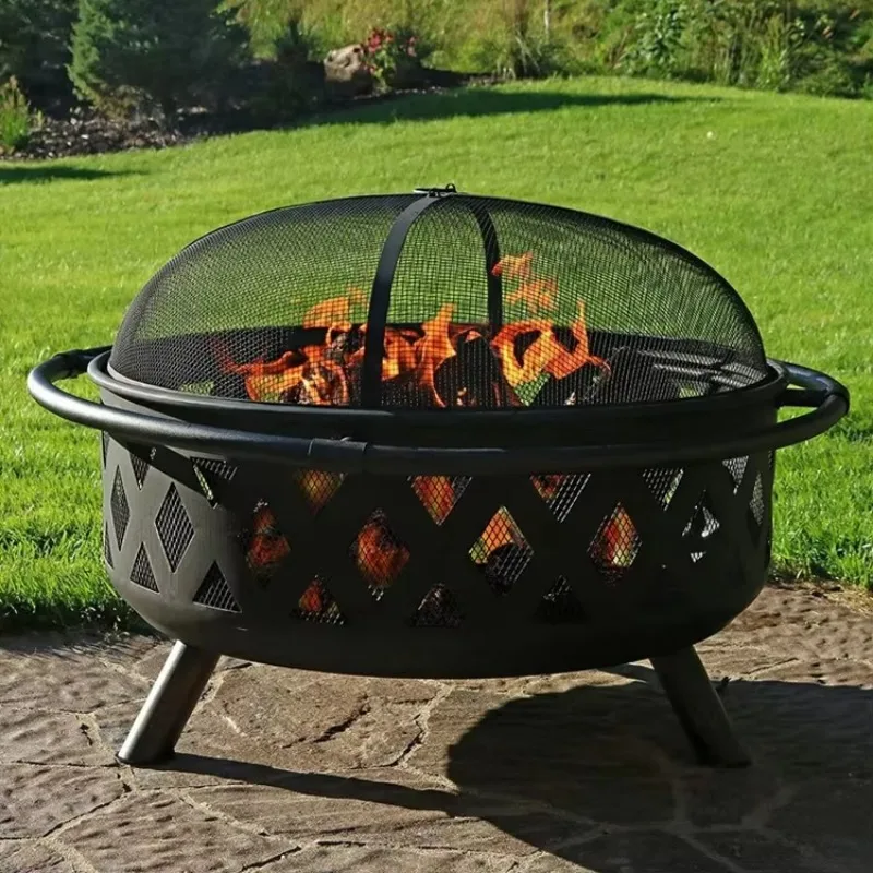 Large Outdoor Fire Pit with Spark Screen Heavy Wood Burning Cross Fire Pit