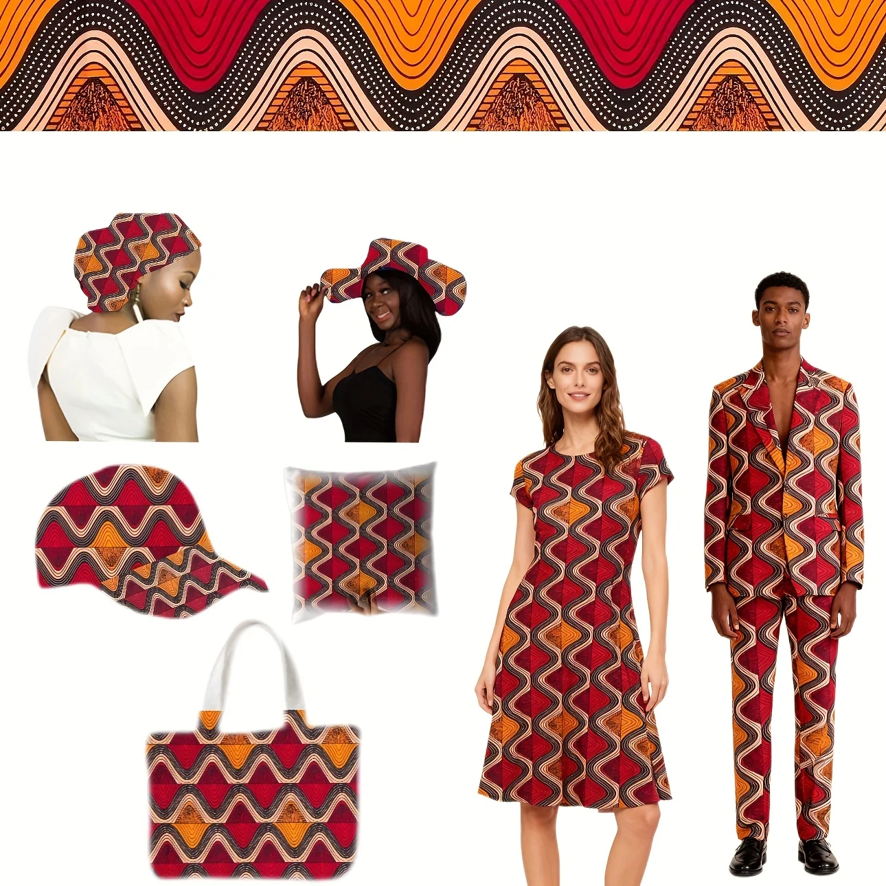 6 ياردة أنقرة قماش الباتيك الأفريقي | أحمر أصفر موجة هندسية البوليستر للخياطة DIY #6