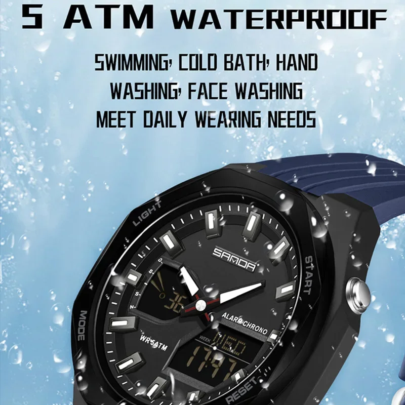 SANDA 6267 더블 디스플레이 스포츠 시계 남자 빛나는 다기능 방수 여성 손목 시계 야외 실행 학생 알람