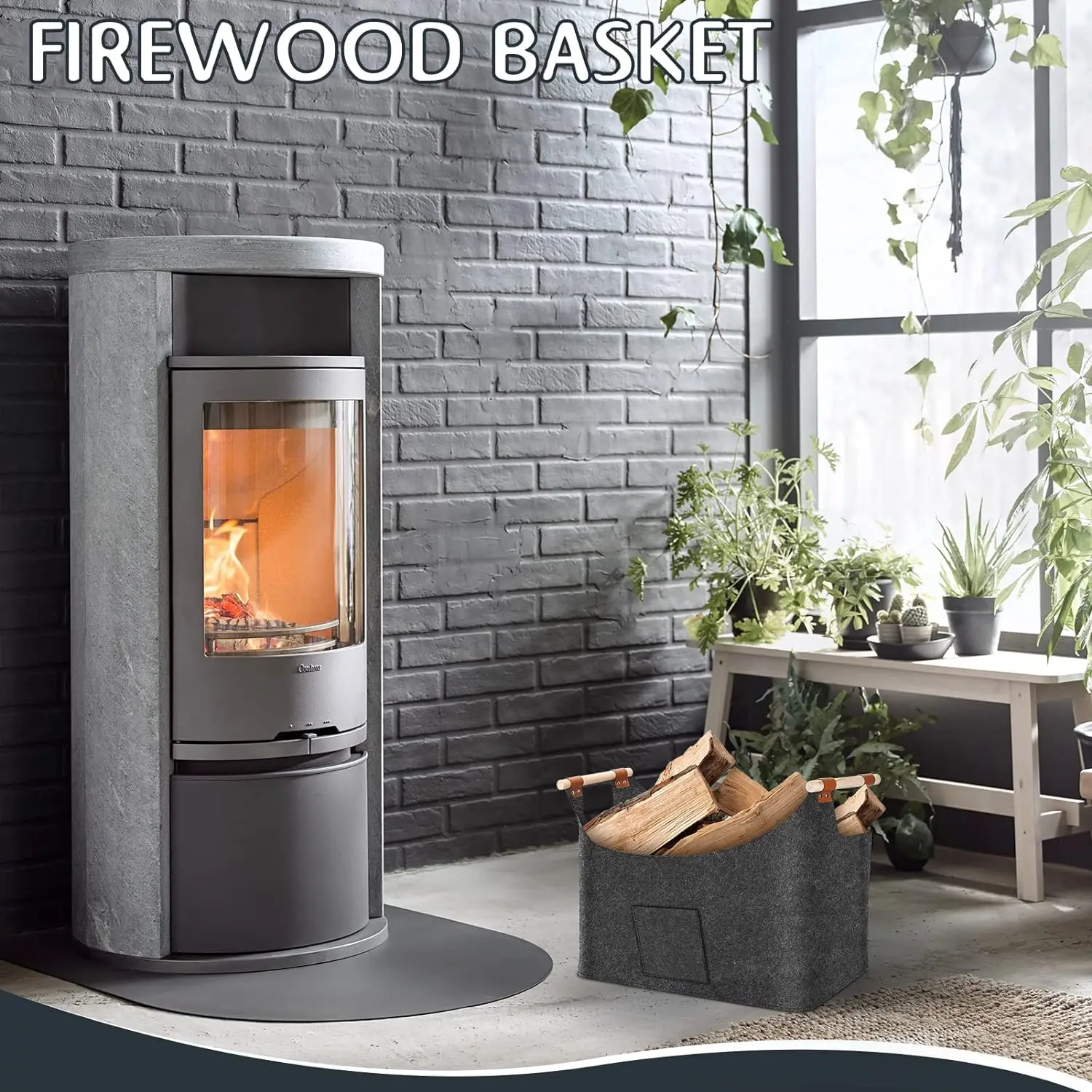 Firewood Box Felt Basket with Wooden Handles Large Capacity Foldable Wood Basket for Fireplace & Wood Stove