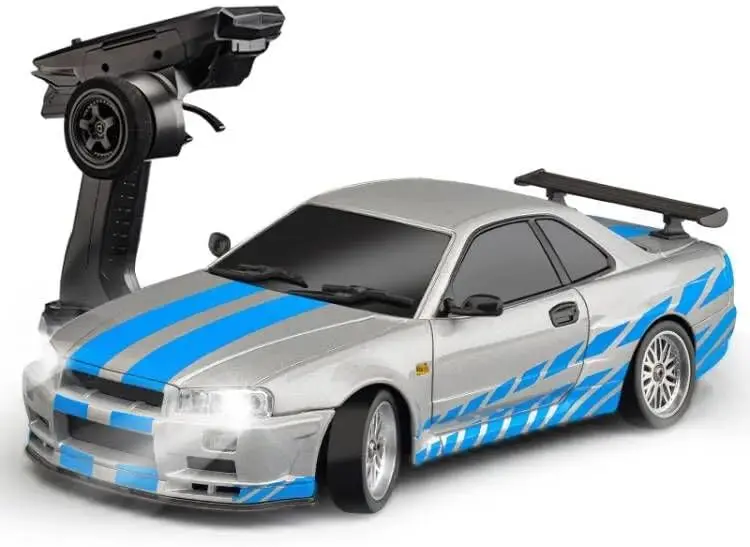 1/18 Scale Remote Control Drift Car, 2.4GHz RWD Mini Model Vehicle with Gyro Stabilizer, Alloy Body Shell Racing Car for Adult Hobbyists, GTR R34 Style (Silver-Blue)