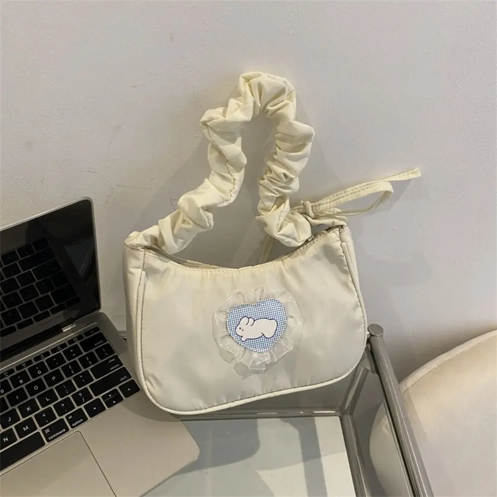 

Lace Love Rabbit Underarm Bag Korean Style Solid Color Pleated Strap Shoulder Bag Large Capacity Tote Bag Sweet Handbag Girls