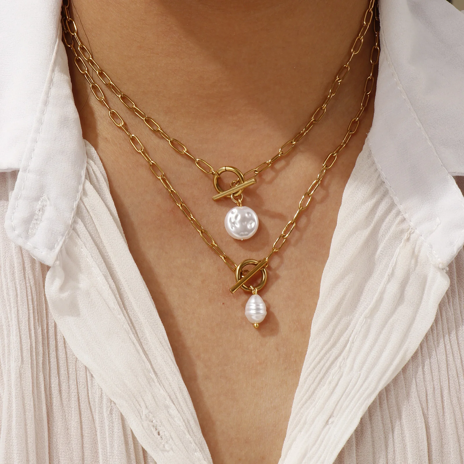 

Exquisite Imitation Pearl Necklace For Women Jewelry 18K Real Gold Plated Stainless Steel Paperclip Link Pendant Necklace 45cm