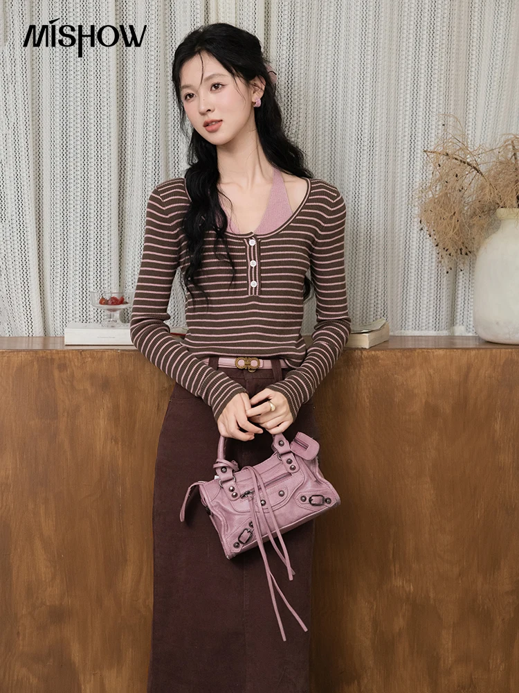 MISHOW French Retro Fake Two-piece Striped Knitted Sweater 2024 Early Autumn Hanging Neck Top Contrast Color Knitted MXD44Z0811