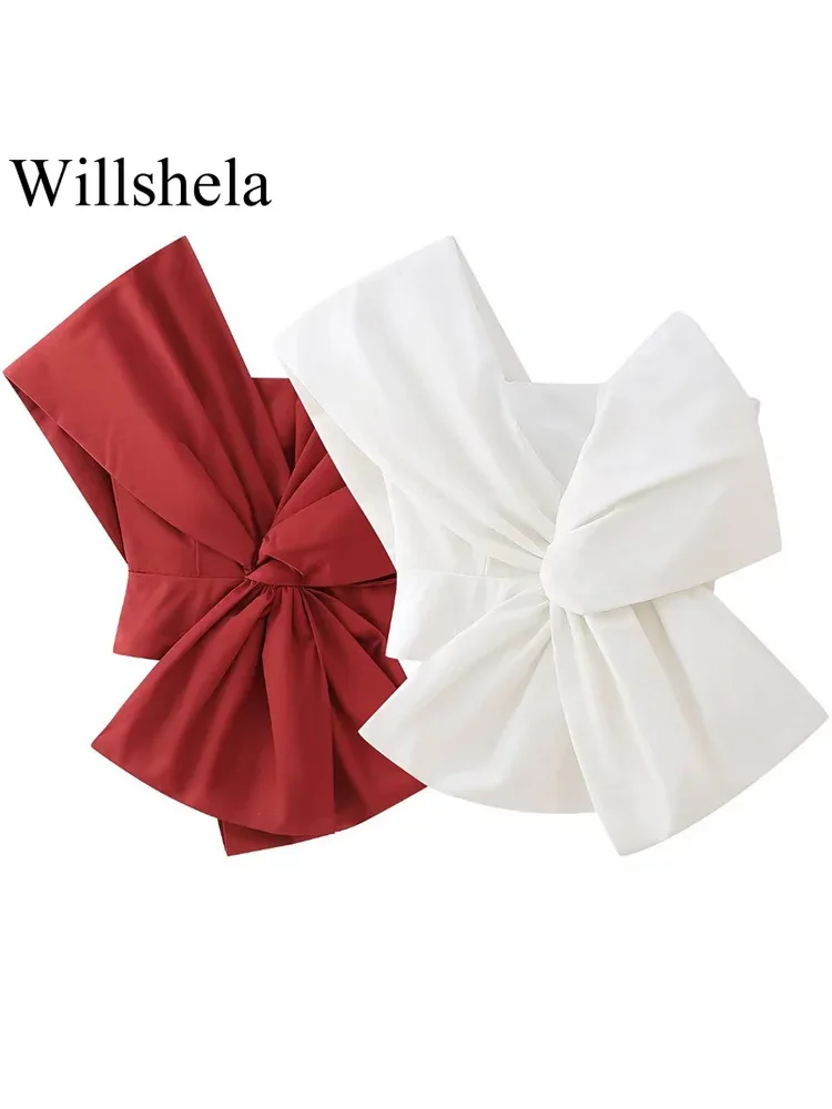 Willshela Women Fashion With Bow Solid Pleated Back Zipper Tops Vintage Asymmetrical Neck Female Chic Lady Crop Tops