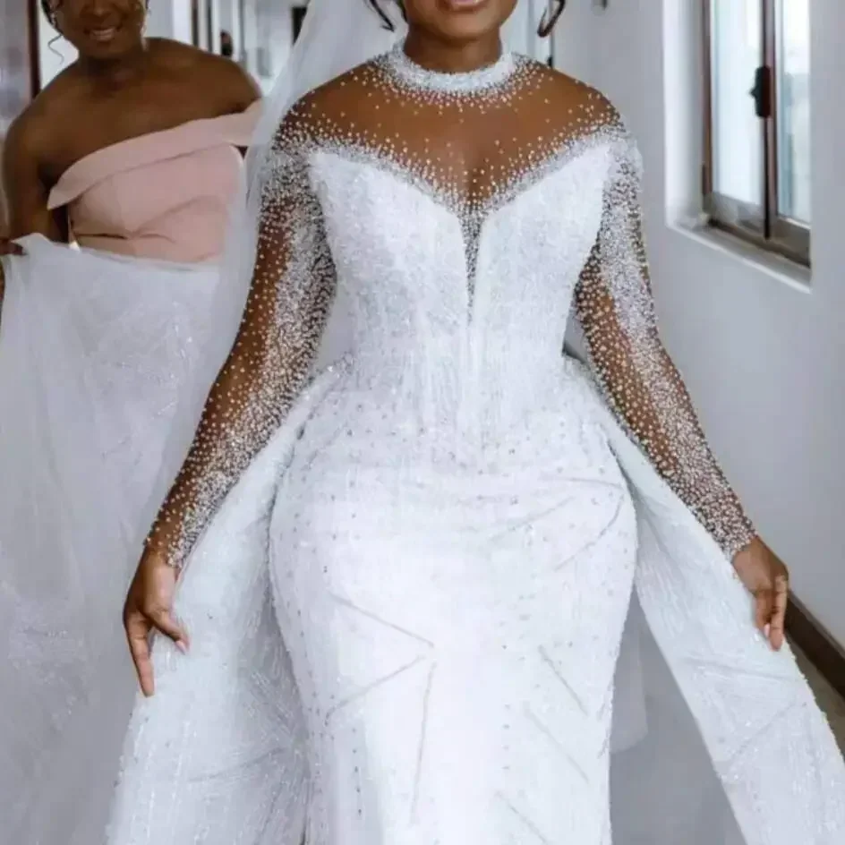 Vestido De novia De sirena con lentejuelas y cuentas brillantes personalizado, vestido De novia De lujo con tren desmontable De África, vestido De novia De manga larga