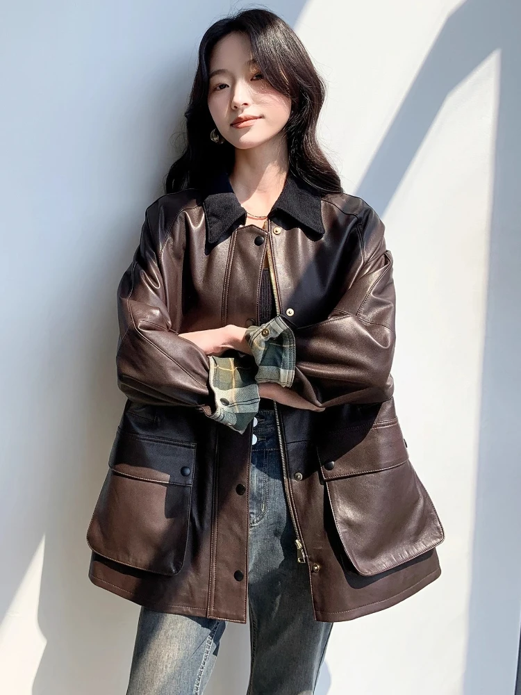 Damskie kurtki wiatrówki z prawdziwej skóry vintage, luksusowe, proste, z kontrastowym sztruksowym kołnierzem, luźne, miękkie płaszcze z prawdziwej skóry owczej.