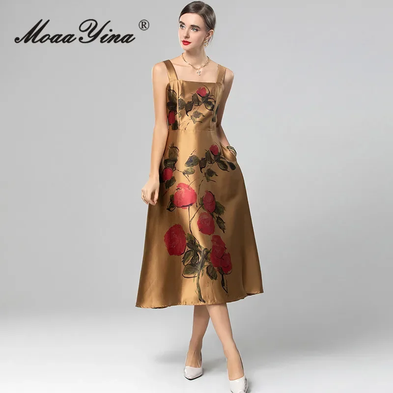 MoaaYina Autumn New Style fashionable Dress Women Spaghetti Strap Backless Rose Print Square-Neck A-Line Dresses